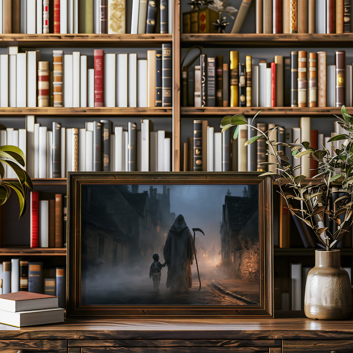 The Lantern Walk Home, hooded figure with a scythe walking a foggy cobbled street beside a child holding a lantern painting, in a wood frame on a bookshelf wall beside a vase of olive branches