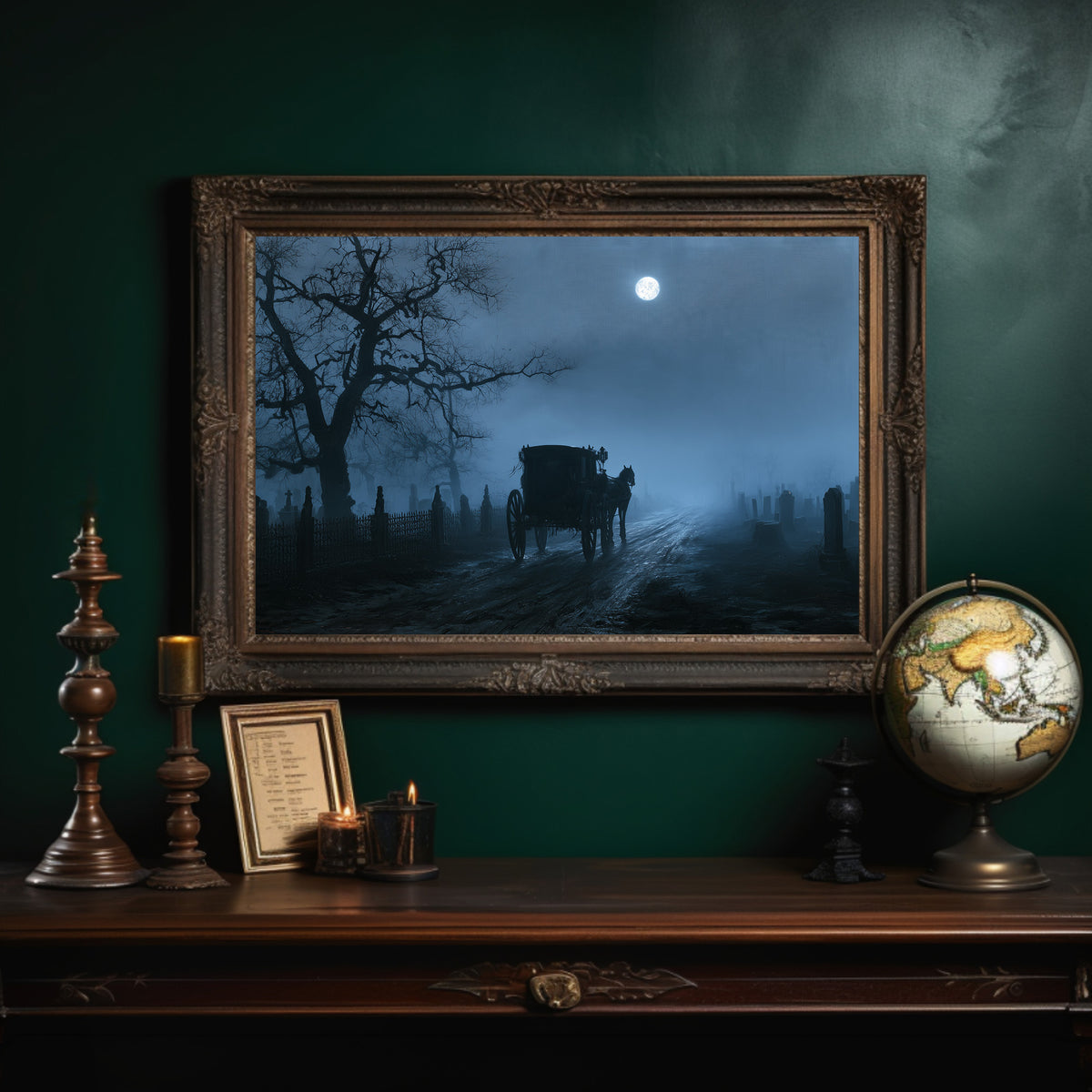 The Last Carriage Home, a horse drawn carriage moving down a misty country road under a pale full moon, painted in midnight slate, fog gray and deep shadow, in an ornate dark frame on a deep green wall above a mantel with a globe and candles