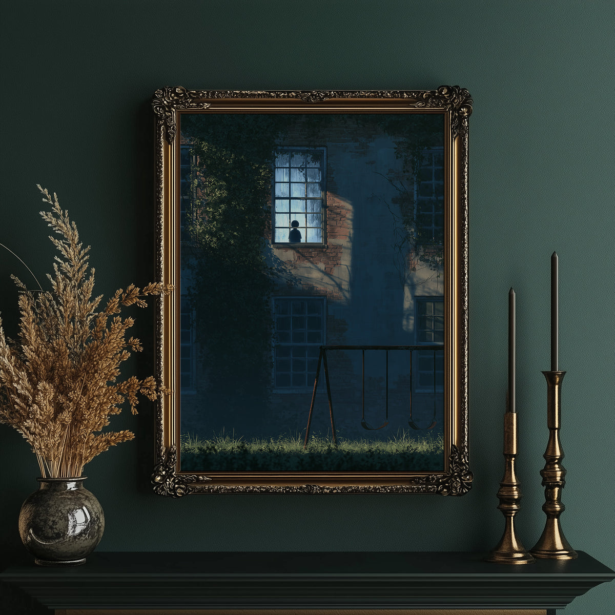 The Last Light Left Upstairs, a dark blue house at night with one lit upstairs window, a fence and tall grass in the foreground, midnight blue palette, in an ornate gold frame on a deep green wall beside brass candlesticks