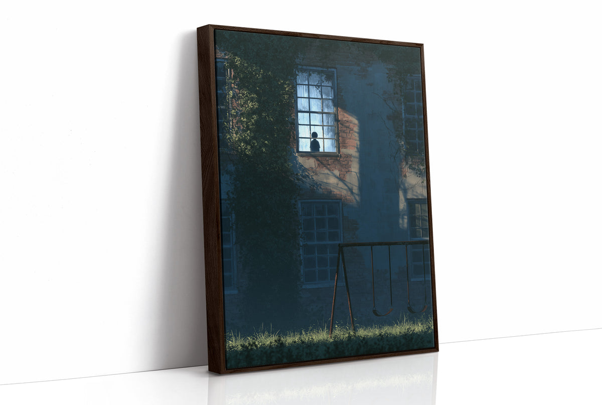 The Last Light Left Upstairs, a dark blue house at night with one lit upstairs window, a fence and tall grass in the foreground, midnight blue palette, as a framed canvas in a brown frame