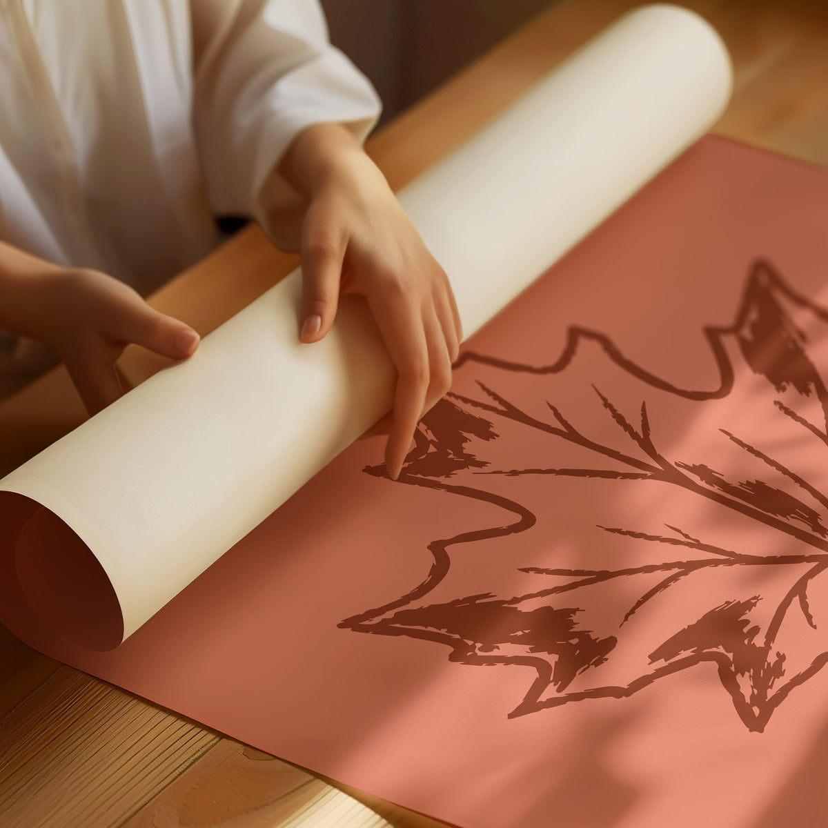 The Maple Keeps Its Last Light, a single maple leaf drawn in fine brown outline on a dusty terracotta ground, a botanical line study with soft shading, as a matte poster, unframed