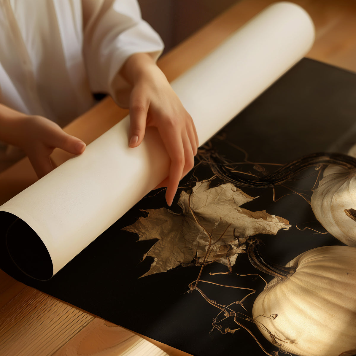 The Pale Ones Keep Their Vigil, three pale pumpkins and a few gold oak leaves in a still life on a deep black ground, with dried vine stems curling above, painted in cream, ochre and charcoal, as a matte poster, unframed