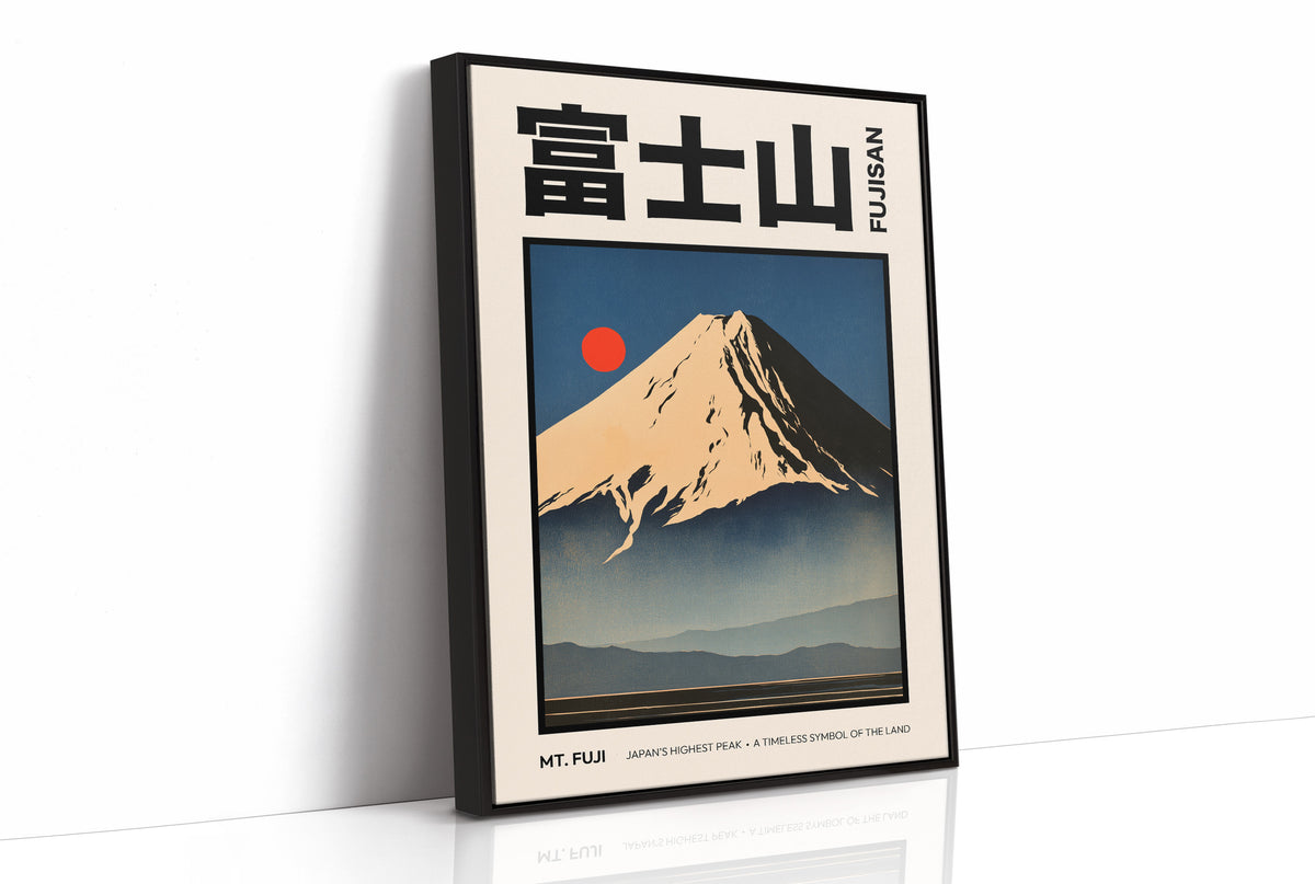 The Peak Holds Its Last Light, a snowcapped peak in gold and rose light above a dark indigo ridge with a small vermilion sun, in a flat Japanese travel poster style with bold black lettering on cream, painted in amber, indigo and vermilion, as a framed canvas in a black frame