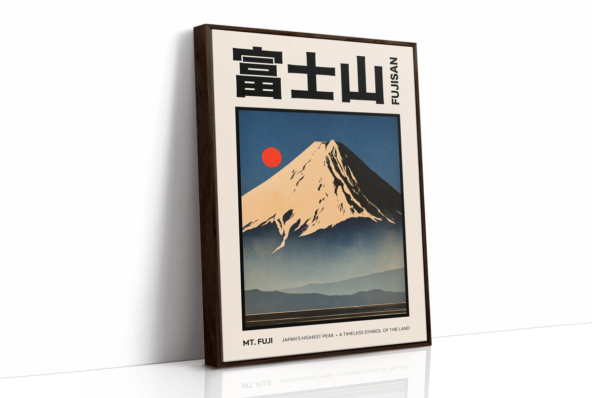 The Peak Holds Its Last Light, a snowcapped peak in gold and rose light above a dark indigo ridge with a small vermilion sun, in a flat Japanese travel poster style with bold black lettering on cream, painted in amber, indigo and vermilion, as a framed canvas in a brown frame