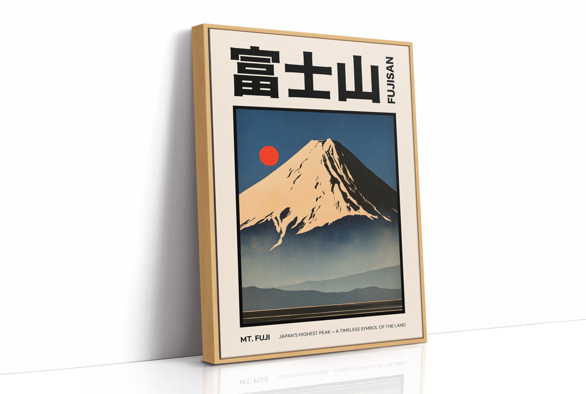 The Peak Holds Its Last Light, a snowcapped peak in gold and rose light above a dark indigo ridge with a small vermilion sun, in a flat Japanese travel poster style with bold black lettering on cream, painted in amber, indigo and vermilion, as a framed canvas in a natural wood frame
