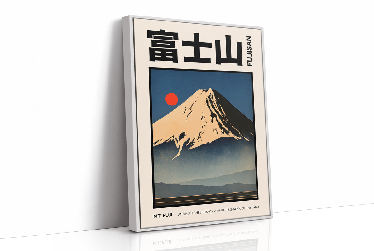 The Peak Holds Its Last Light, a snowcapped peak in gold and rose light above a dark indigo ridge with a small vermilion sun, in a flat Japanese travel poster style with bold black lettering on cream, painted in amber, indigo and vermilion, as a framed canvas in a white frame