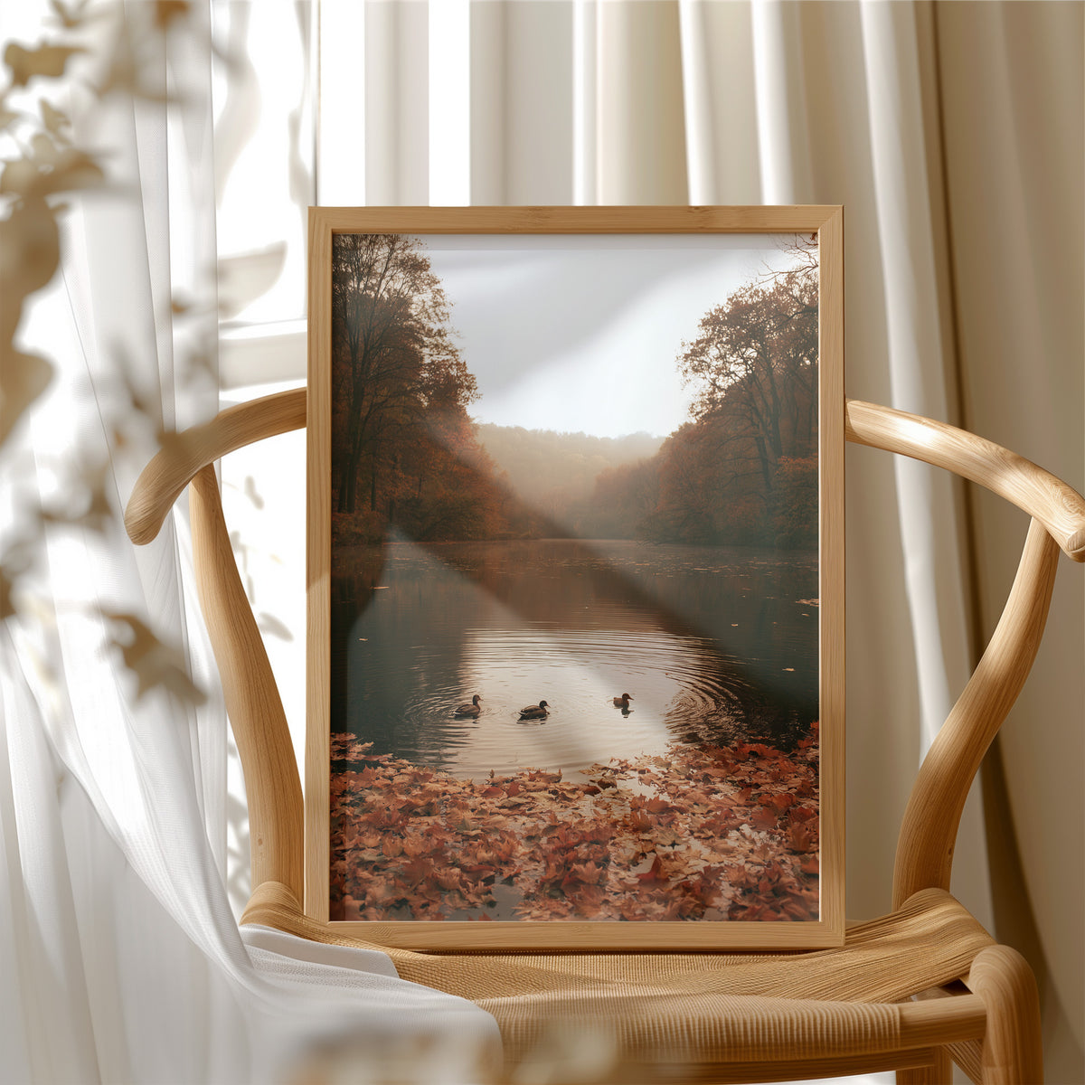 The Pond Keeps Its Quiet Company, two ducks on a still misty lake among rust trees, a bank of fallen autumn leaves in the foreground, painted in rust, forest green and soft gold, in a wood frame beside a wicker chair by a sunny window