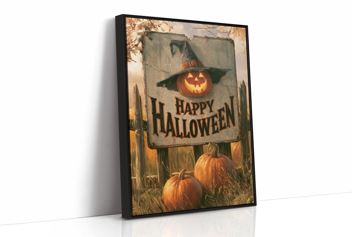 The Pumpkin Keeps Its Hat On, a grinning jack o lantern wearing a witch hat on a weathered sign that reads happy halloween, with pumpkins and cornstalks, painted in burnt orange, black and aged cream, as a framed canvas in a black frame