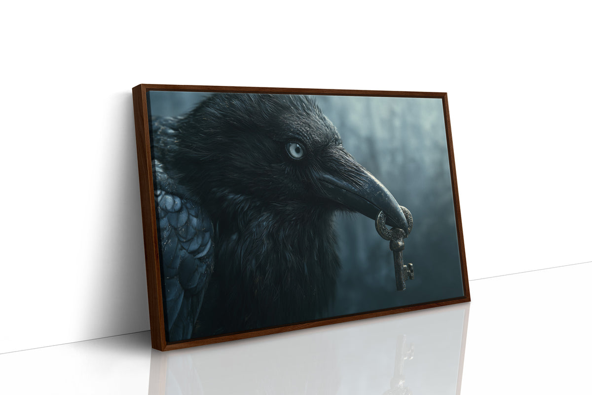 The Raven Who Kept the Key, a black raven holding a brass key in its beak against a deep teal fog, painted in charcoal, teal and misty blue, as a framed canvas in a brown frame