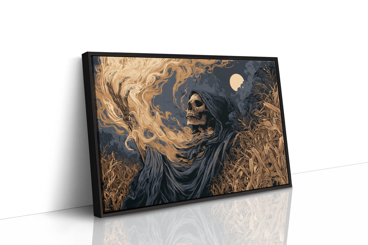 The Reaper Walks Through Golden Wheat, a hooded skeletal reaper in a dark navy robe amid swirling gold grain under a pale moon, painted in navy, antique gold and bone, as a framed canvas in a black frame