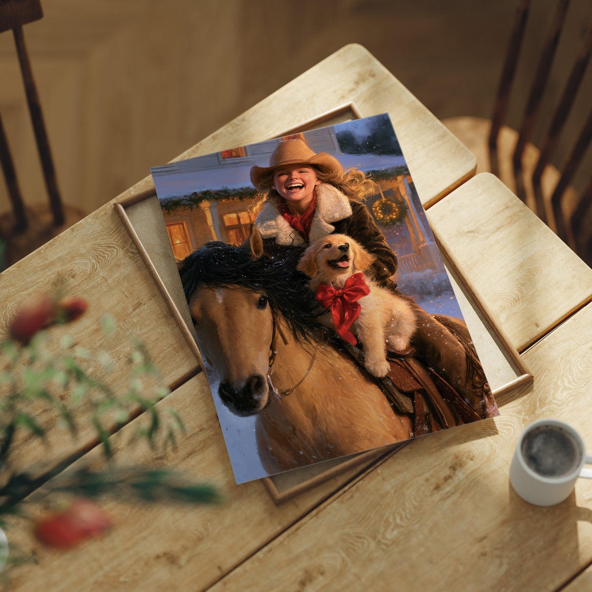 The Rider and the Golden Companion, a rider in a wide brimmed hat on a brown horse with a golden dog at the saddle, painted in saddle brown, dusky blue and warm gold, lying flat on a light wood table beside a coffee cup and red berries