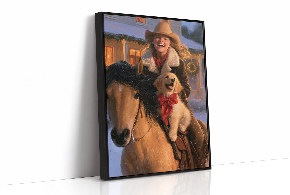 The Rider and the Golden Companion, a rider in a wide brimmed hat on a brown horse with a golden dog at the saddle, painted in saddle brown, dusky blue and warm gold, as a framed canvas in a black frame