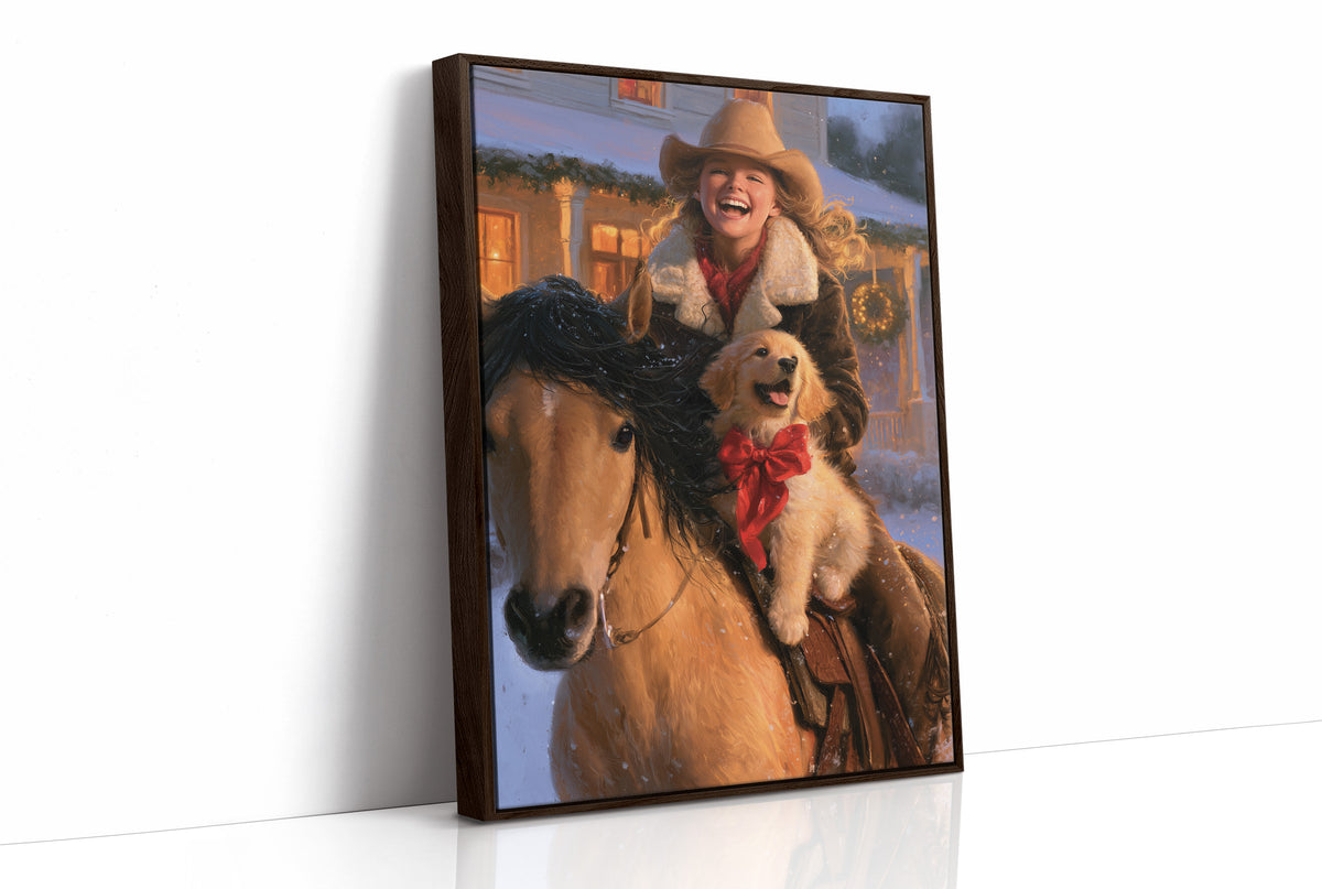 The Rider and the Golden Companion, a rider in a wide brimmed hat on a brown horse with a golden dog at the saddle, painted in saddle brown, dusky blue and warm gold, as a framed canvas in a brown frame