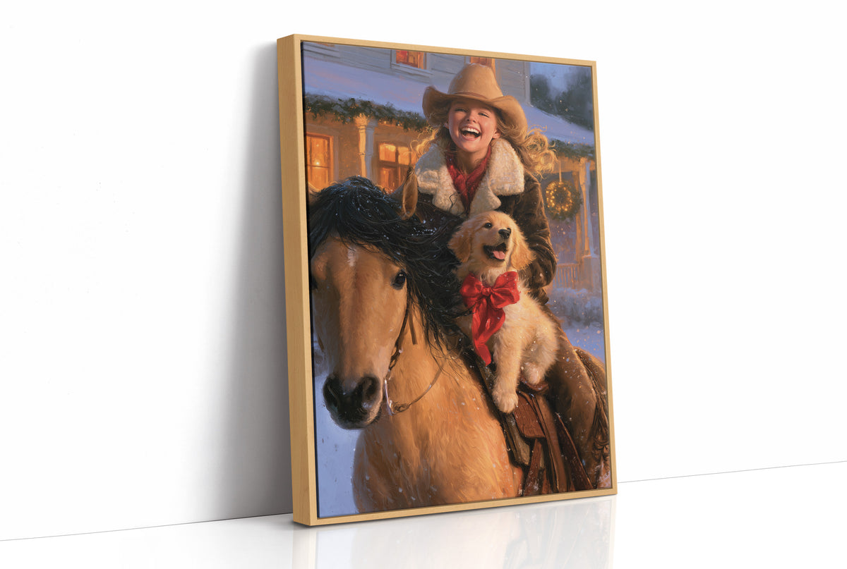 The Rider and the Golden Companion, a rider in a wide brimmed hat on a brown horse with a golden dog at the saddle, painted in saddle brown, dusky blue and warm gold, as a framed canvas in a natural wood frame
