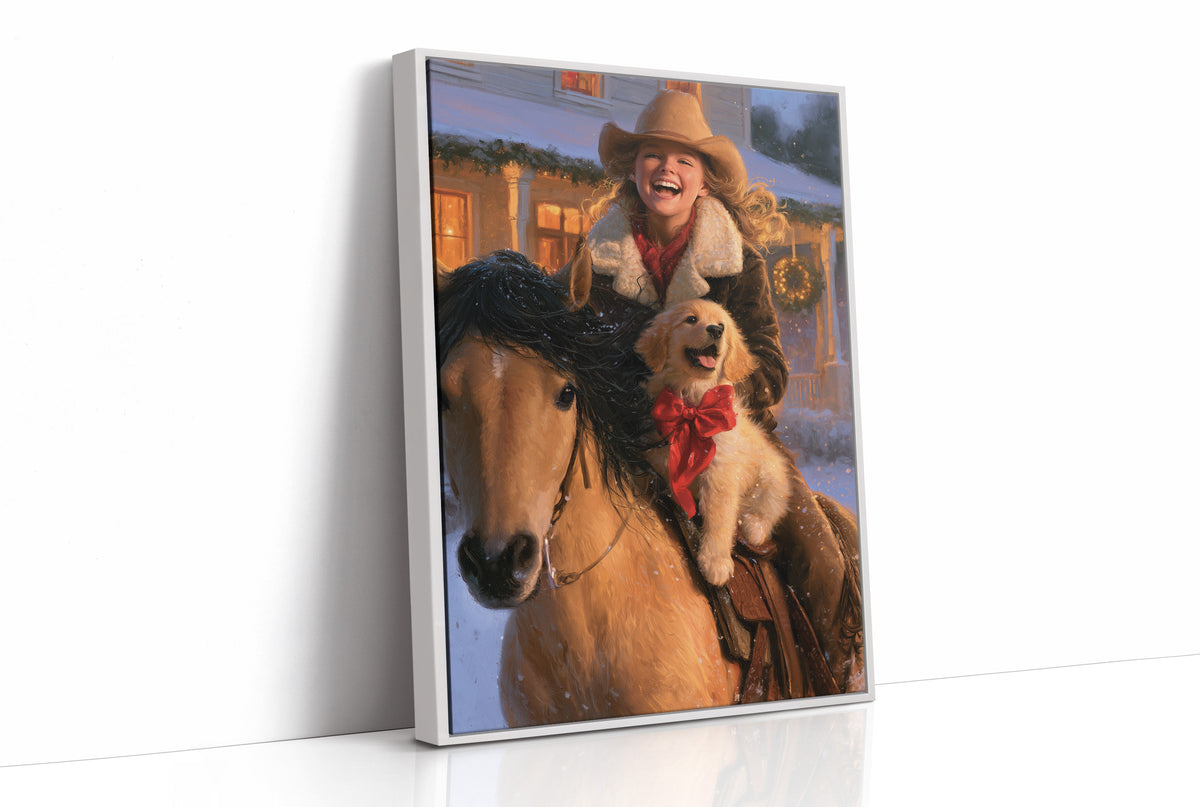 The Rider and the Golden Companion, a rider in a wide brimmed hat on a brown horse with a golden dog at the saddle, painted in saddle brown, dusky blue and warm gold, as a framed canvas in a white frame