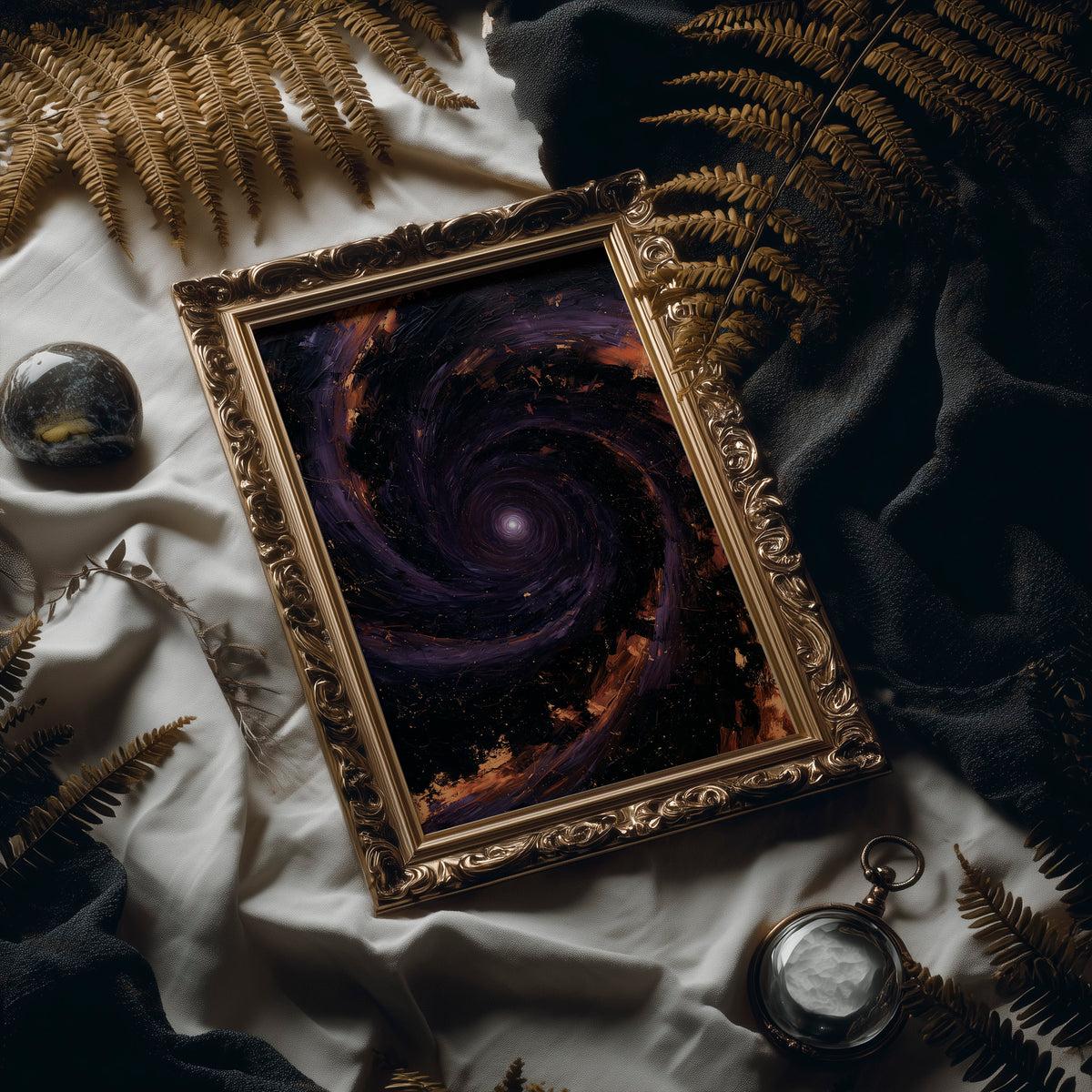 The Spiral Remembers Everything, a violet and black galaxy turning around a bright core, edged with molten orange dust, in an antique gold frame laid on white linen with ferns and a pocket watch
