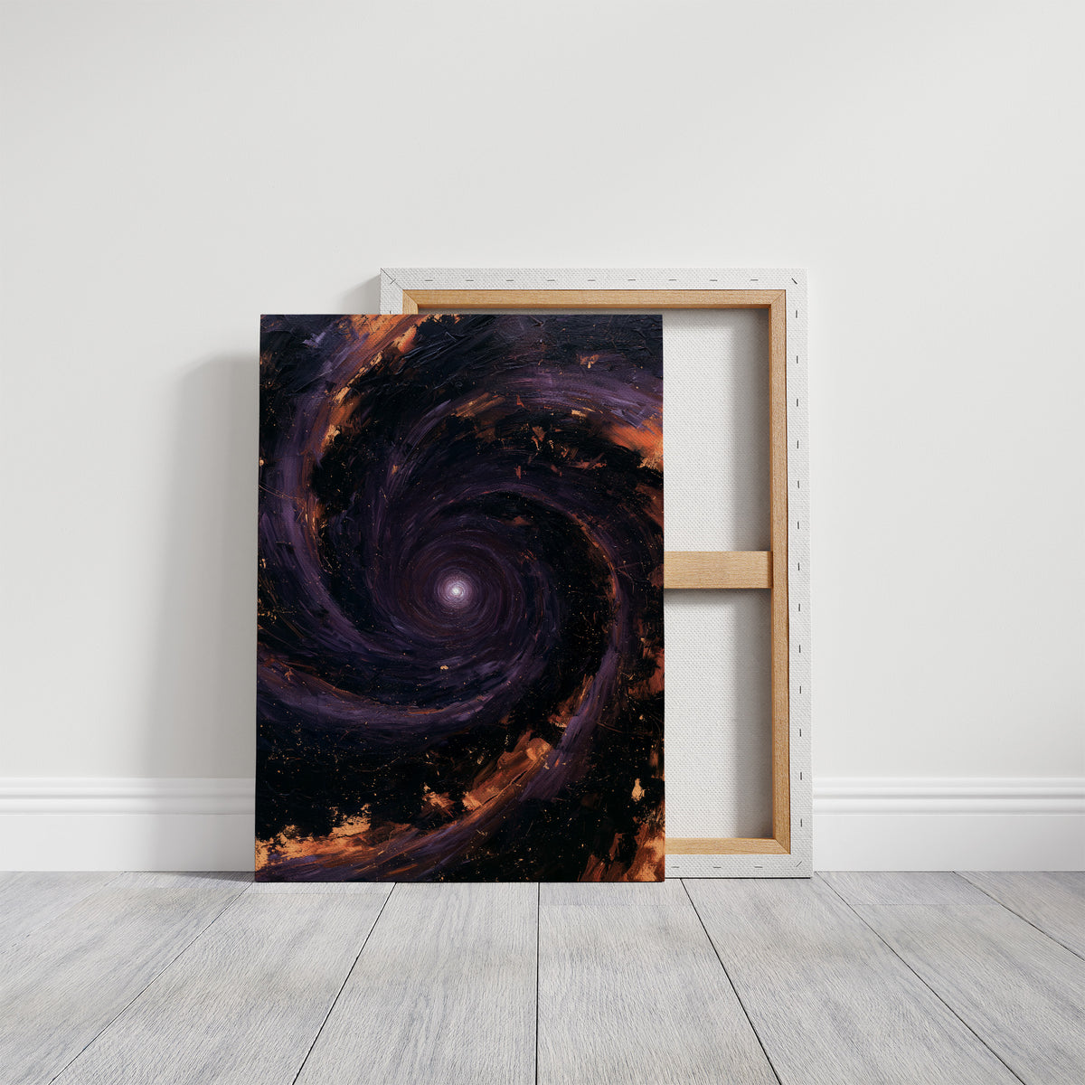 The Spiral Remembers Everything, a violet and black galaxy turning around a bright core, edged with molten orange dust, on a gallery canvas with wrapped edges leaning against a white wall
