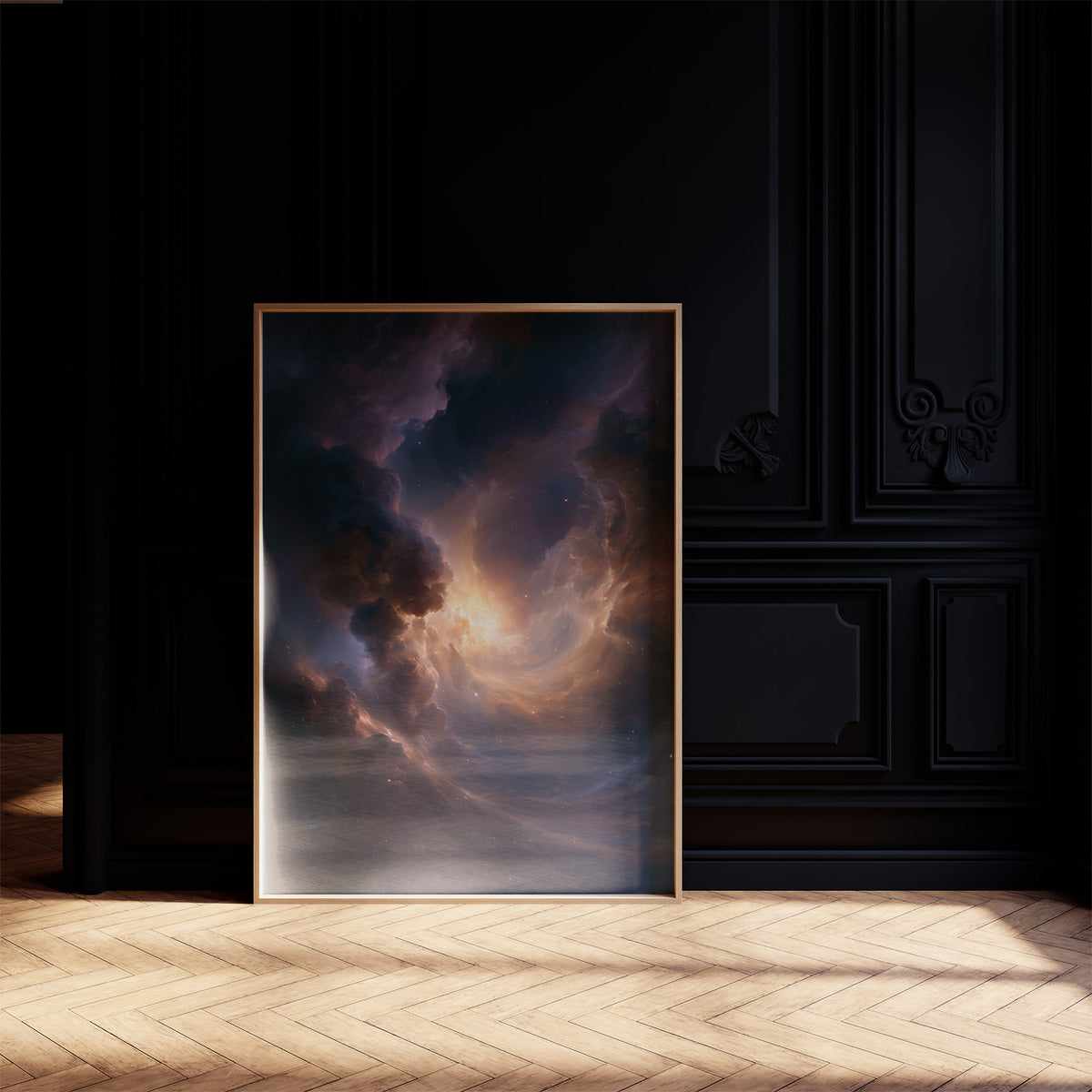 The Storm Keeps a Gold Heart, dark storm clouds piling over an open field with a warm amber glow burning at their center, on a black paneled wall with sunlit herringbone floor