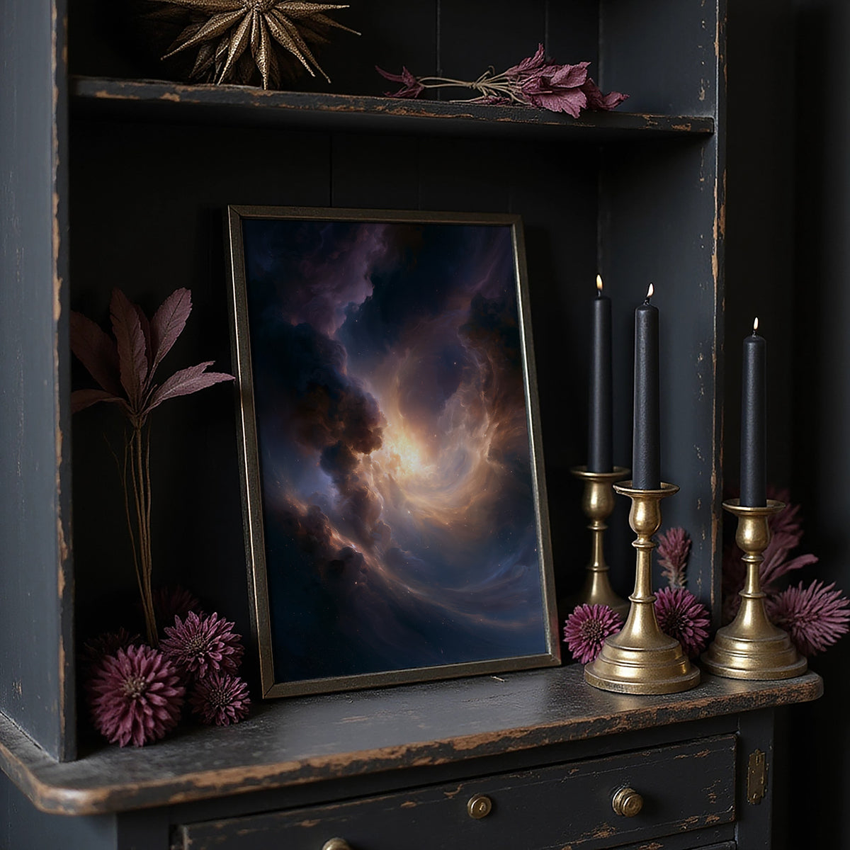 The Storm Keeps a Gold Heart, dark storm clouds piling over an open field with a warm amber glow burning at their center, on a dark wooden cabinet shelf with candles and dried flowers