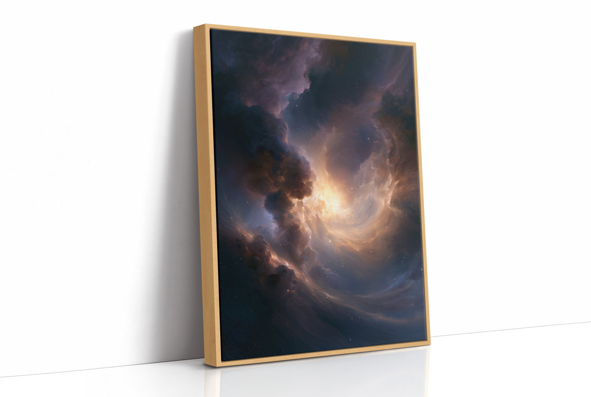 The Storm Keeps a Gold Heart, dark storm clouds piling over an open field with a warm amber glow burning at their center, as a framed canvas in a natural wood frame
