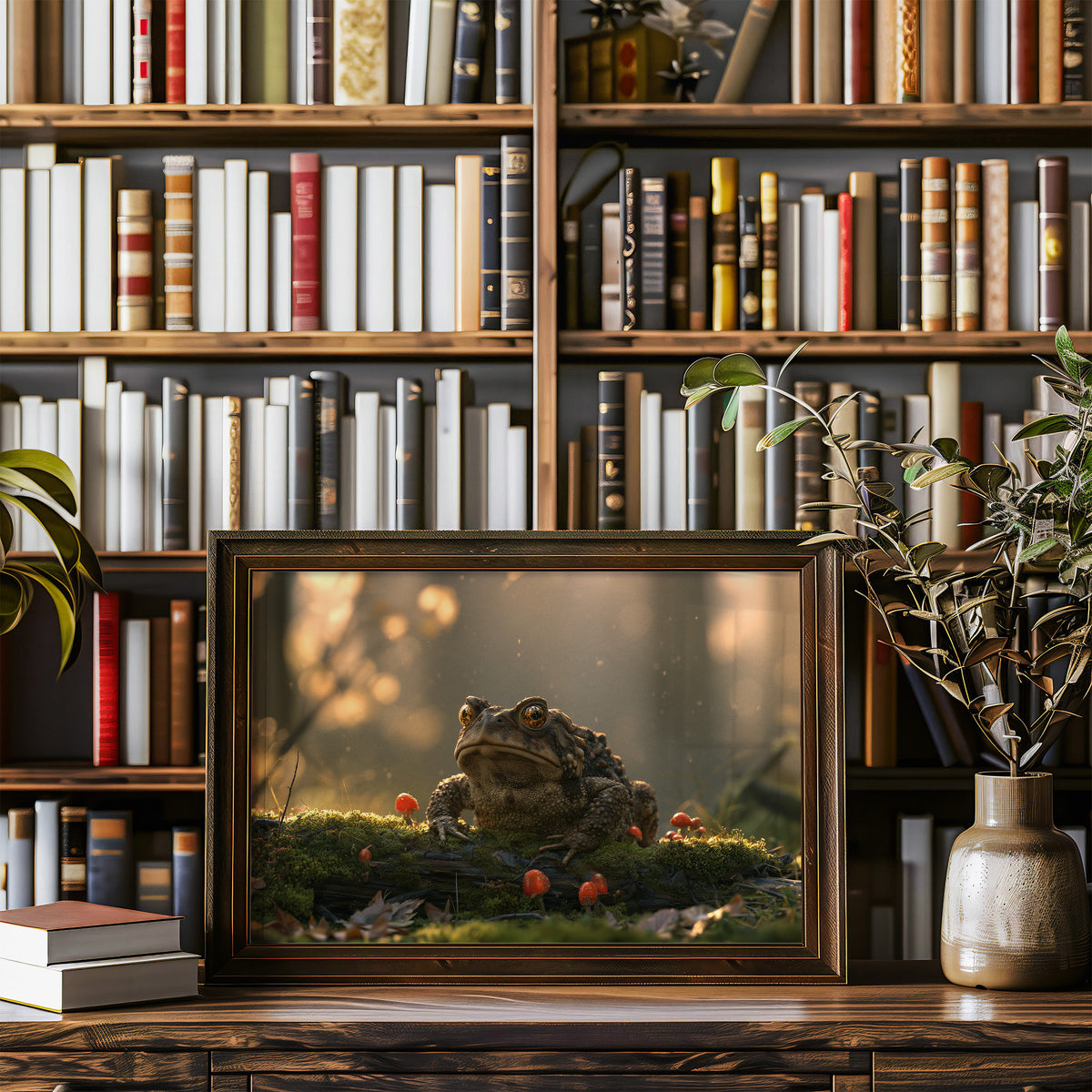 The Toad Holds Court in the Moss, toad sitting on mossy ground beside red mushrooms in warm dusk light painting, in a wood frame on a bookshelf wall beside a vase of olive branches