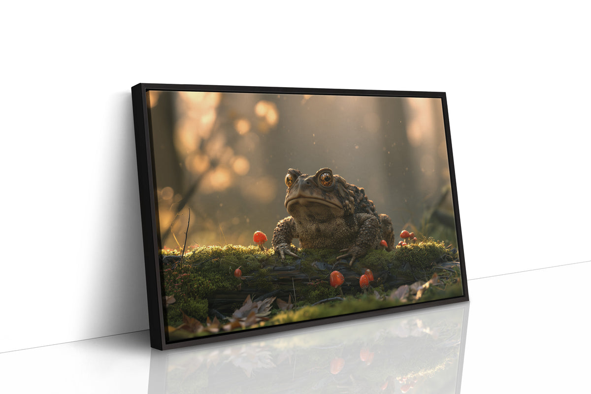 The Toad Holds Court in the Moss, toad sitting on mossy ground beside red mushrooms in warm dusk light painting, as a framed canvas in a black frame