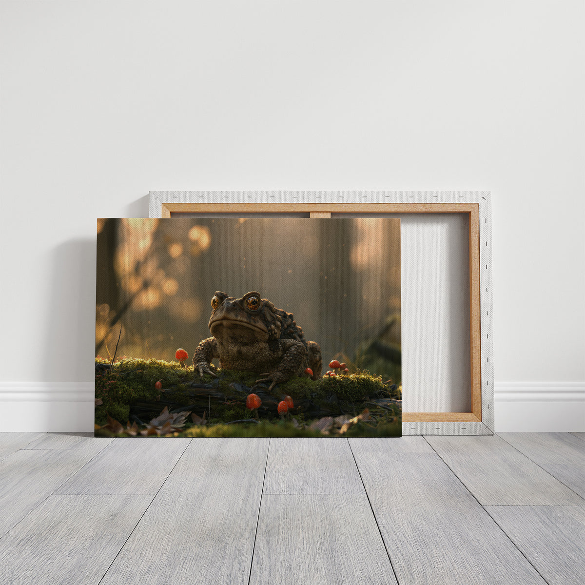 The Toad Holds Court in the Moss, toad sitting on mossy ground beside red mushrooms in warm dusk light painting, on a gallery canvas with wrapped edges leaning against a white wall