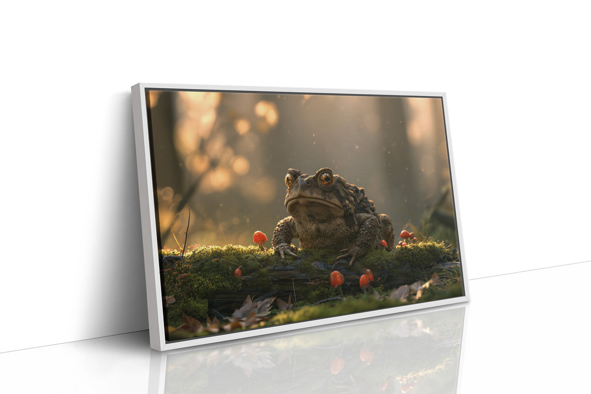 The Toad Holds Court in the Moss, toad sitting on mossy ground beside red mushrooms in warm dusk light painting, as a framed canvas in a white frame