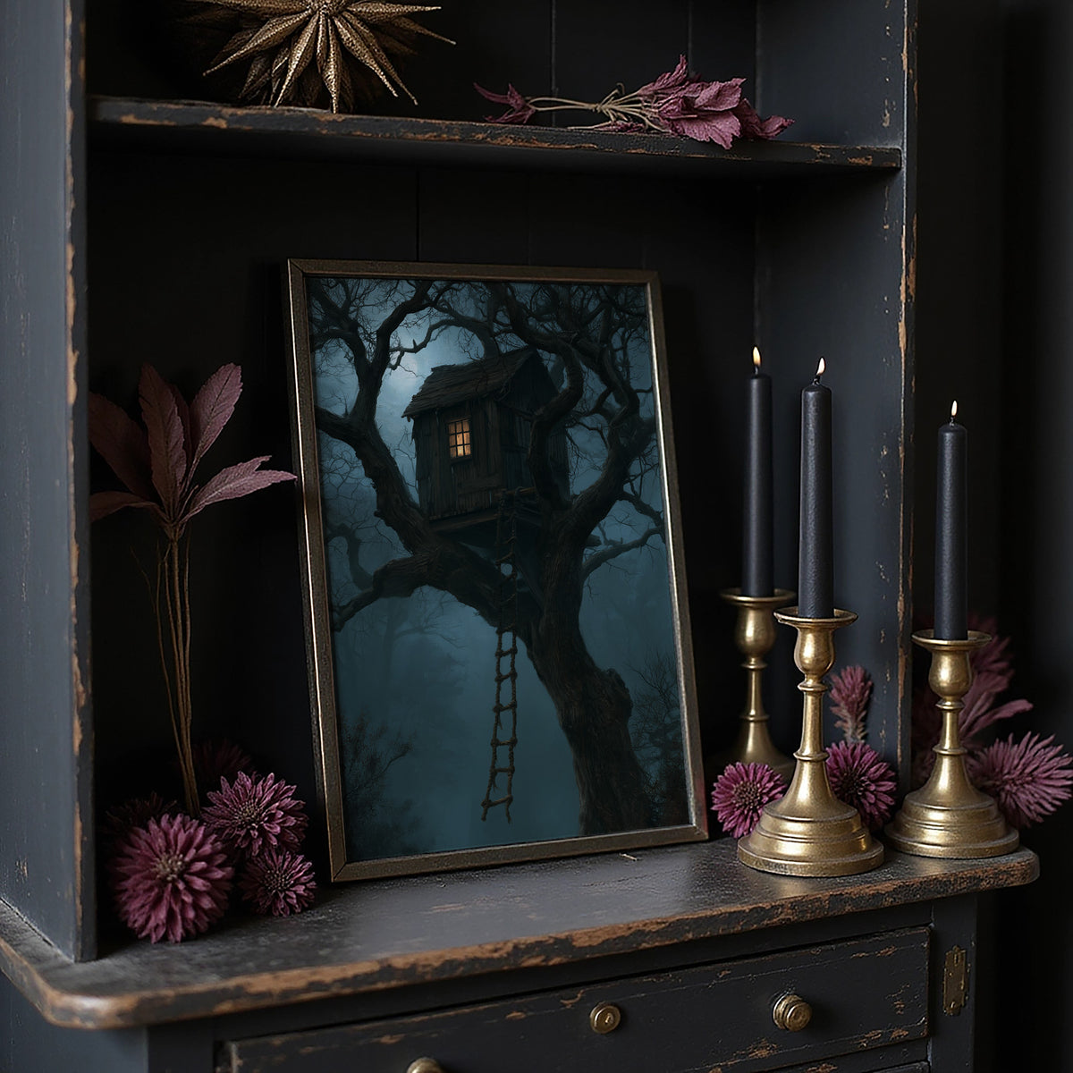 The Treehouse Never Sleeps, a glowing treehouse window high in a twisted oak under a blue fog of night, painted in deep teal and fog blue, on a dark wooden cabinet shelf with candles and dried flowers