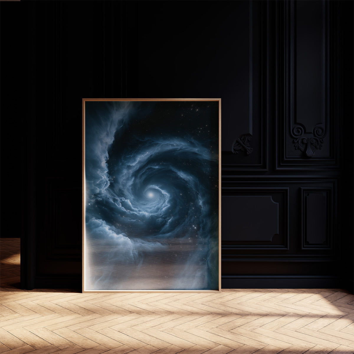 The Turning Sky Remembers, a slow silver spiral of blue light turning through a deep dark field toward one bright center, on a black paneled wall with sunlit herringbone floor