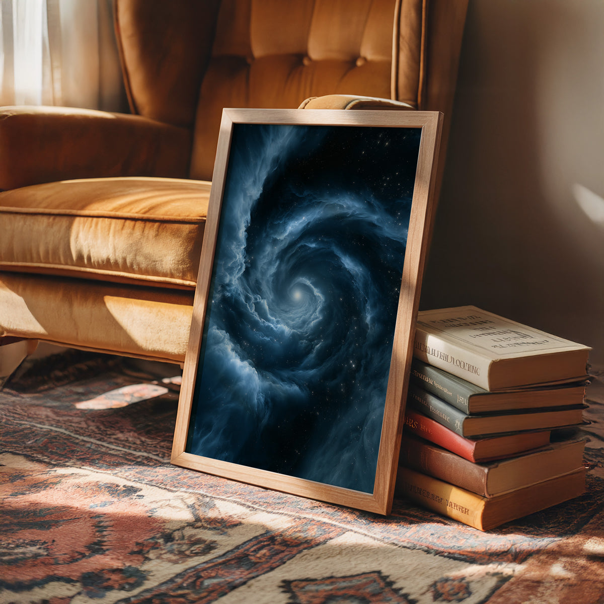 The Turning Sky Remembers, a slow silver spiral of blue light turning through a deep dark field toward one bright center, in a wood frame beside a leather armchair and a stack of books