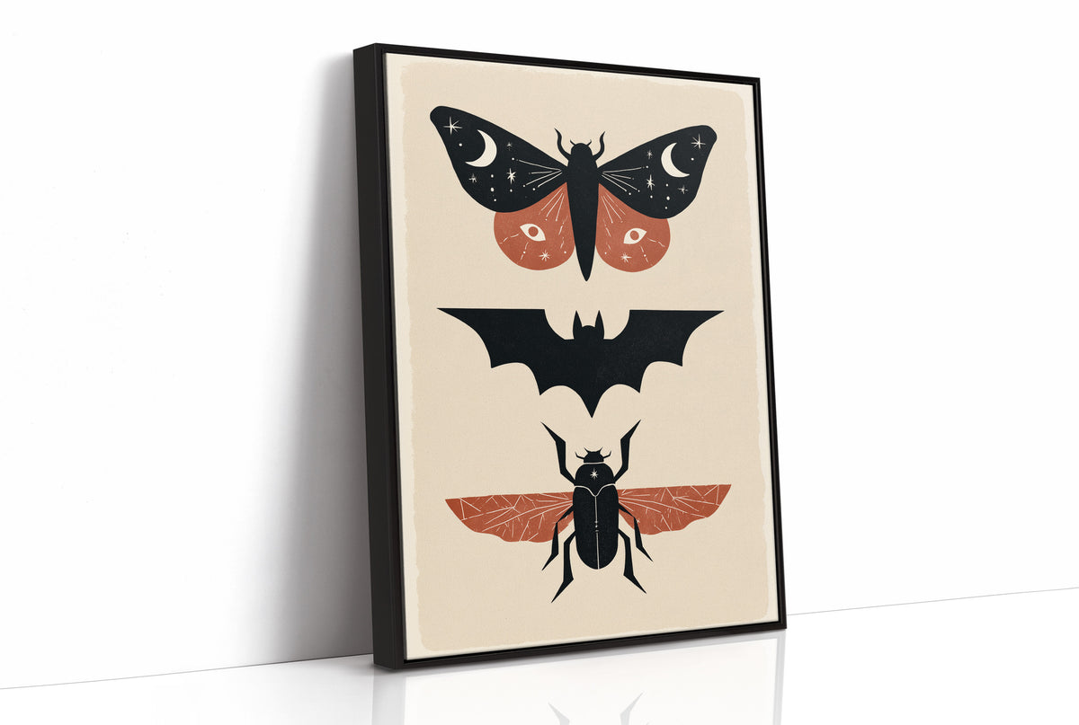 Three Night Visitors in a Row, a moth with crescent moon spots, a black bat in flight and a beetle with rust wings stacked in a column on a cream ground, painted in black, rust and cream, as a framed canvas in a black frame