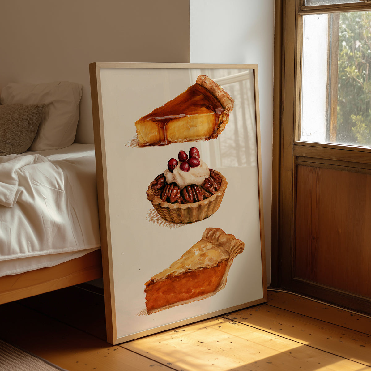 Three Slices Keep the Table Company, three pies stacked down the page, a golden custard slice, a pecan tart with cherries and a pumpkin wedge, on a cream ground, leaning on a wood floor in a bedroom beside white linen bedding