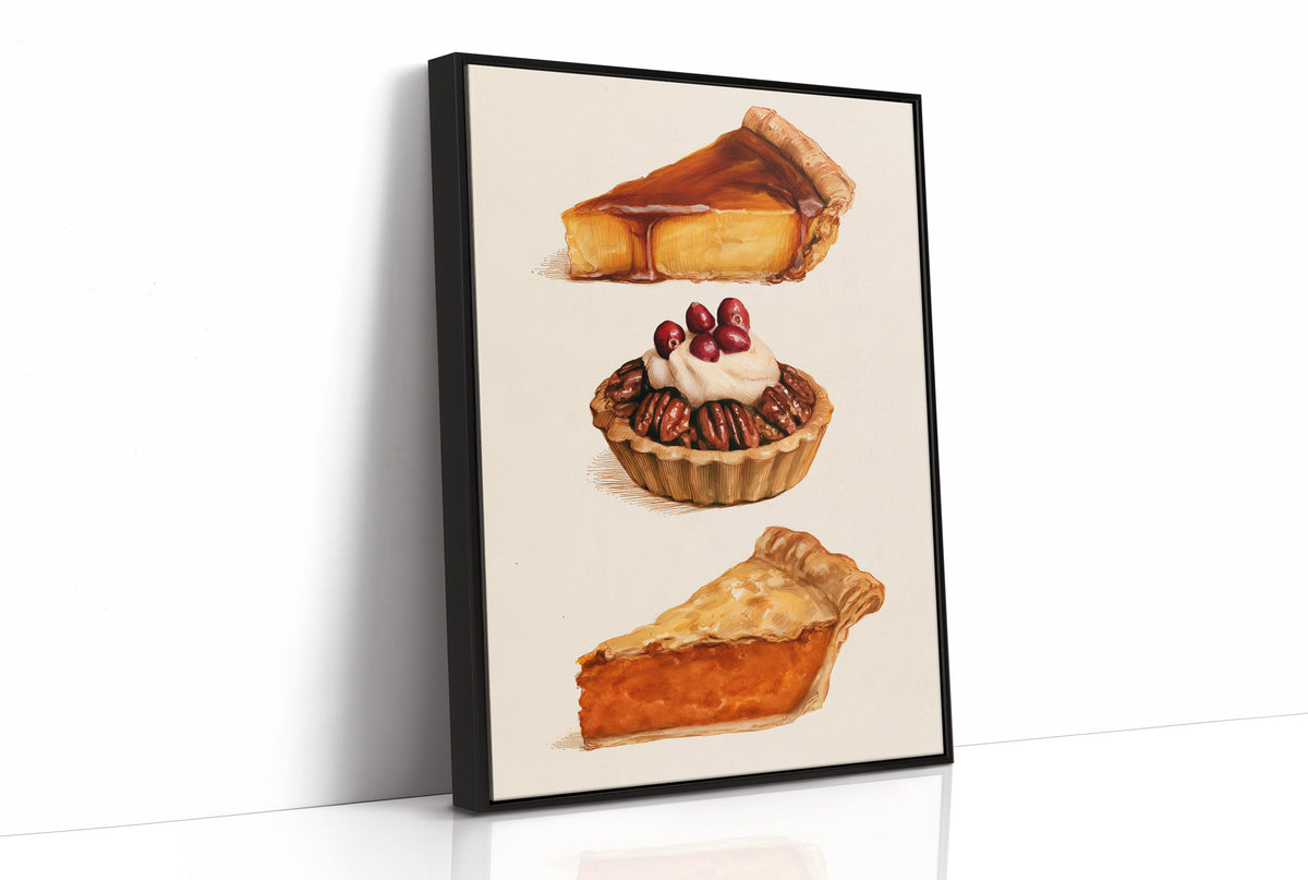 Three Slices Keep the Table Company, three pies stacked down the page, a golden custard slice, a pecan tart with cherries and a pumpkin wedge, on a cream ground, as a framed canvas in a black frame
