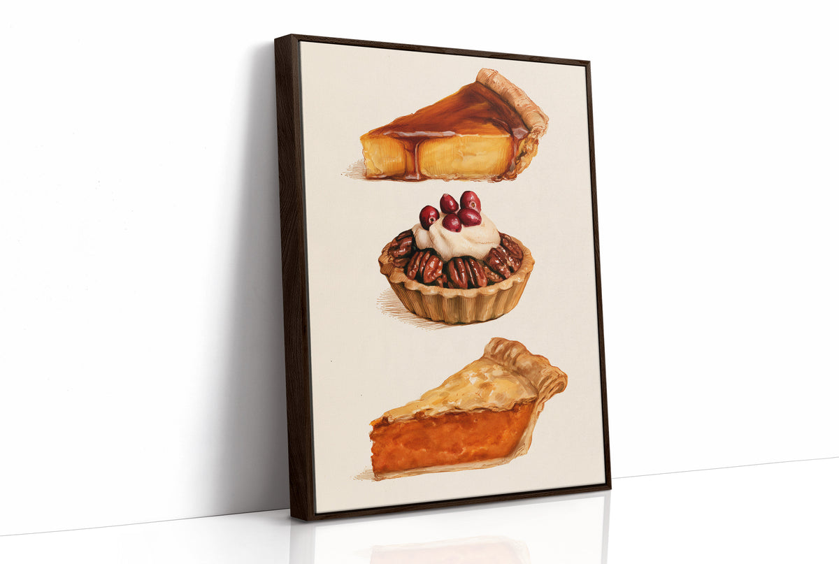 Three Slices Keep the Table Company, three pies stacked down the page, a golden custard slice, a pecan tart with cherries and a pumpkin wedge, on a cream ground, as a framed canvas in a brown frame