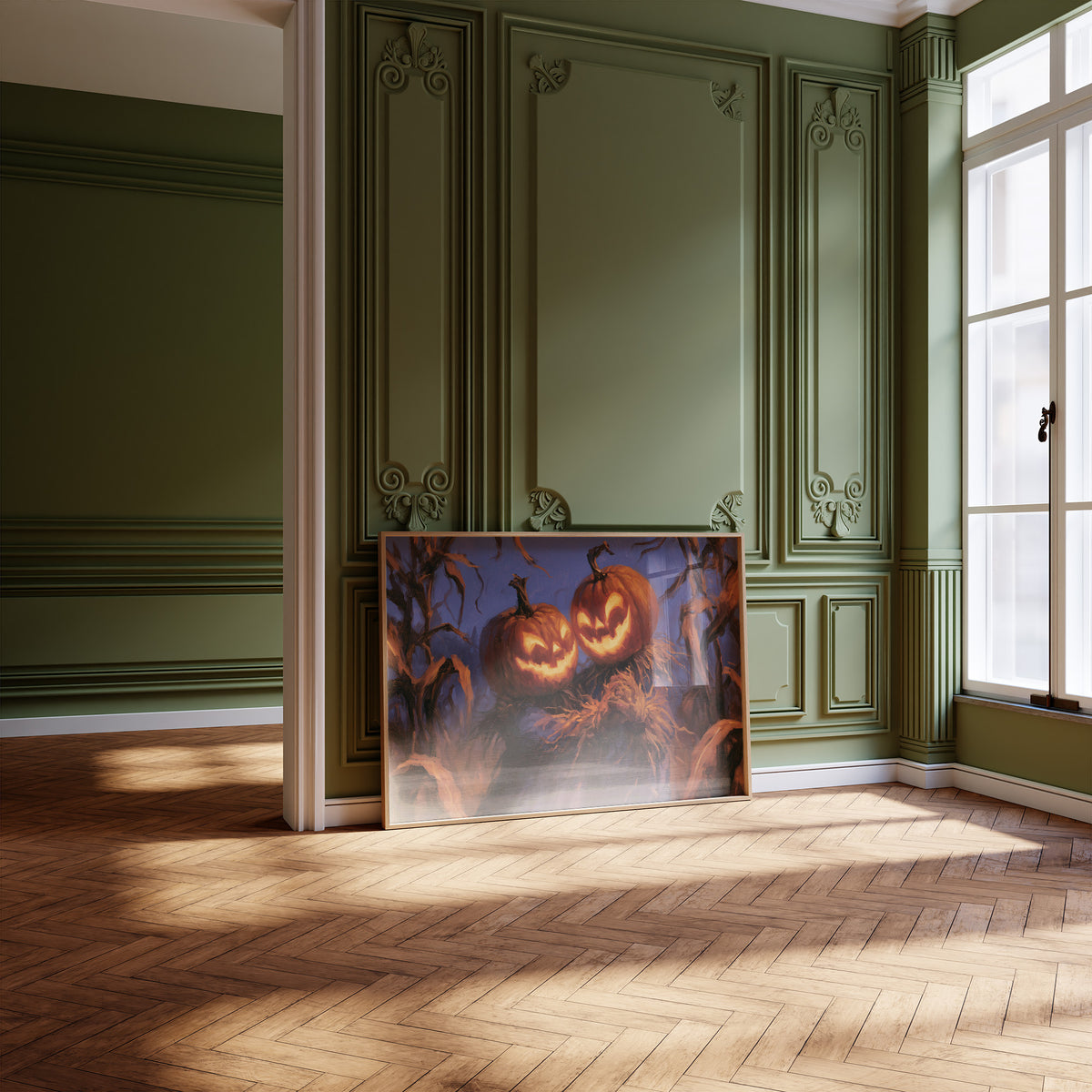 Two Lanterns Keeping Watch, two carved pumpkins glowing at the end of a cornfield under a deep blue dusk, painted in indigo, cornfield gold and warm orange, leaning on a herringbone floor in a green paneled room with tall windows