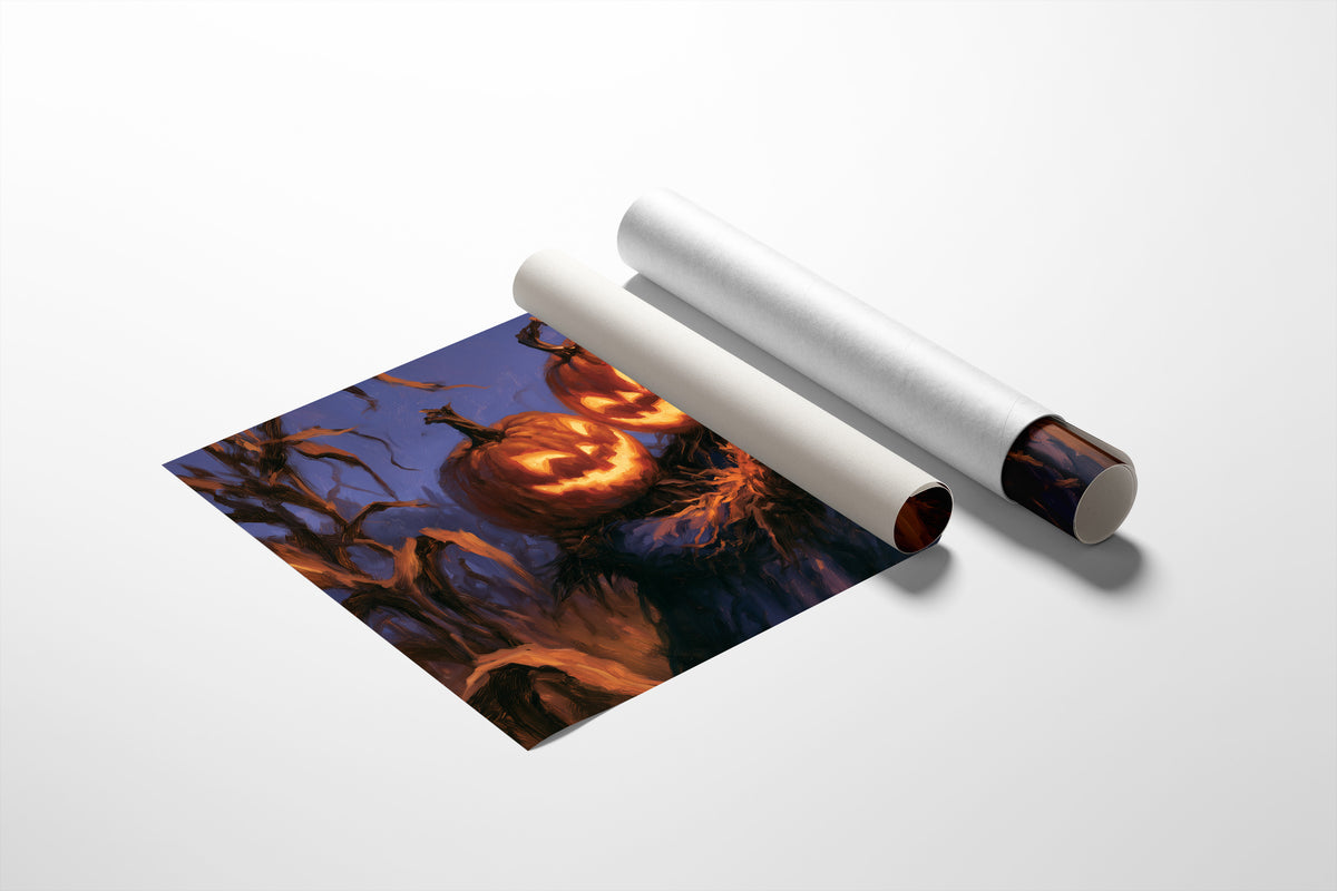 Two Lanterns Keeping Watch, two carved pumpkins glowing at the end of a cornfield under a deep blue dusk, painted in indigo, cornfield gold and warm orange, as a matte poster, unframed