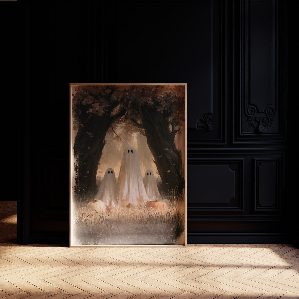 Two Visitors Under the Arch, two pale ghosts standing under an arch of dark trees above a field of tall grass and fallen leaves, painted in deep brown, bone and moss, in a dark frame on a black paneled wall above a sunlit herringbone floor