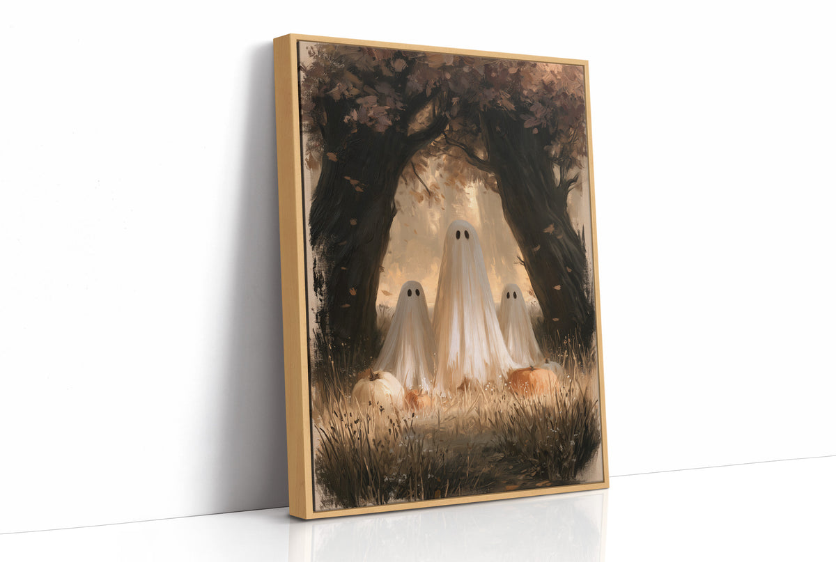 Two Visitors Under the Arch, two pale ghosts standing under an arch of dark trees above a field of tall grass and fallen leaves, painted in deep brown, bone and moss, as a framed canvas in a natural wood frame