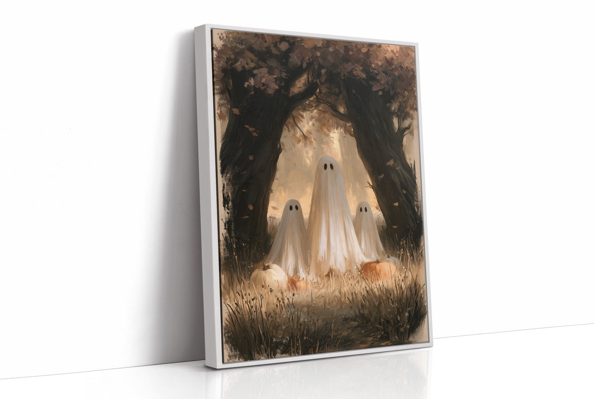 Two Visitors Under the Arch, two pale ghosts standing under an arch of dark trees above a field of tall grass and fallen leaves, painted in deep brown, bone and moss, as a framed canvas in a white frame
