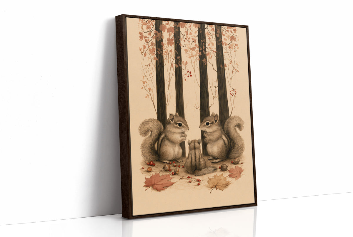 Two Watchers Beneath the Oaks, two squirrels sitting at the foot of tall dark trunks among fallen autumn leaves, in sepia, russet and cream, as a framed canvas in a brown frame