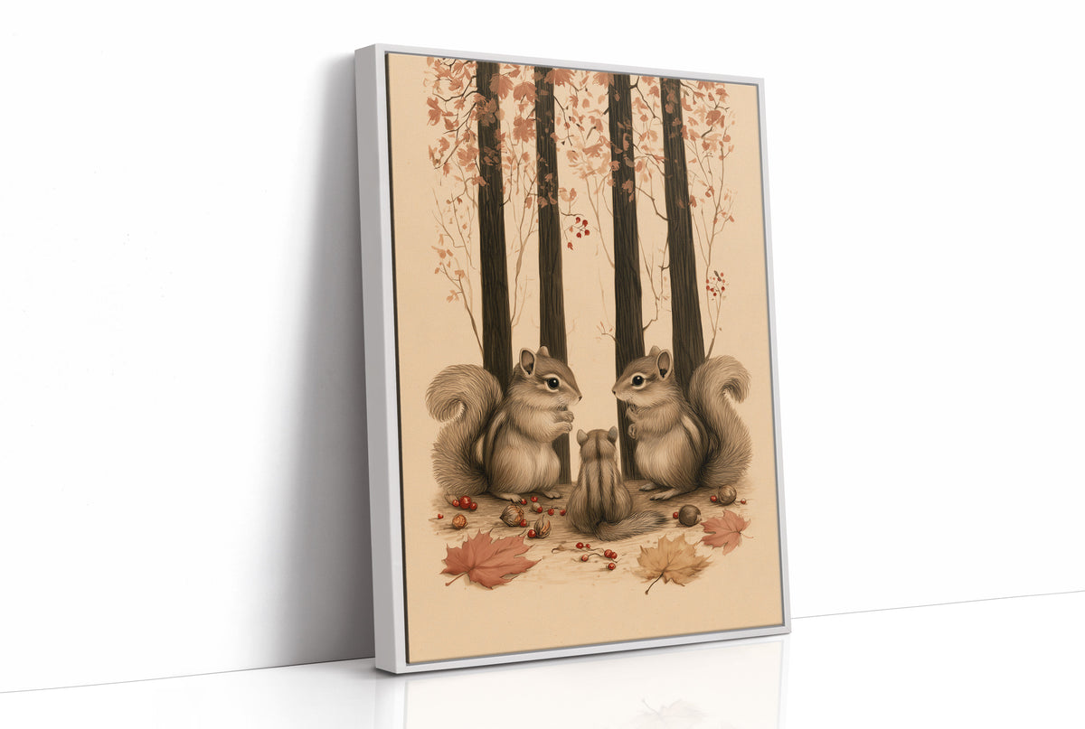Two Watchers Beneath the Oaks, two squirrels sitting at the foot of tall dark trunks among fallen autumn leaves, in sepia, russet and cream, as a framed canvas in a white frame