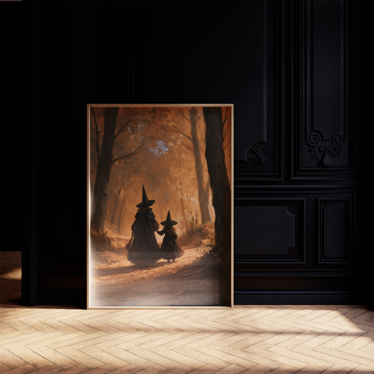 Two Witches on the Amber Path, two witch silhouettes walking a forest path between tall trees, glowing haze and a pale starry cluster above, painted in amber, umber and deep shadow, on a black paneled wall with sunlit herringbone floor