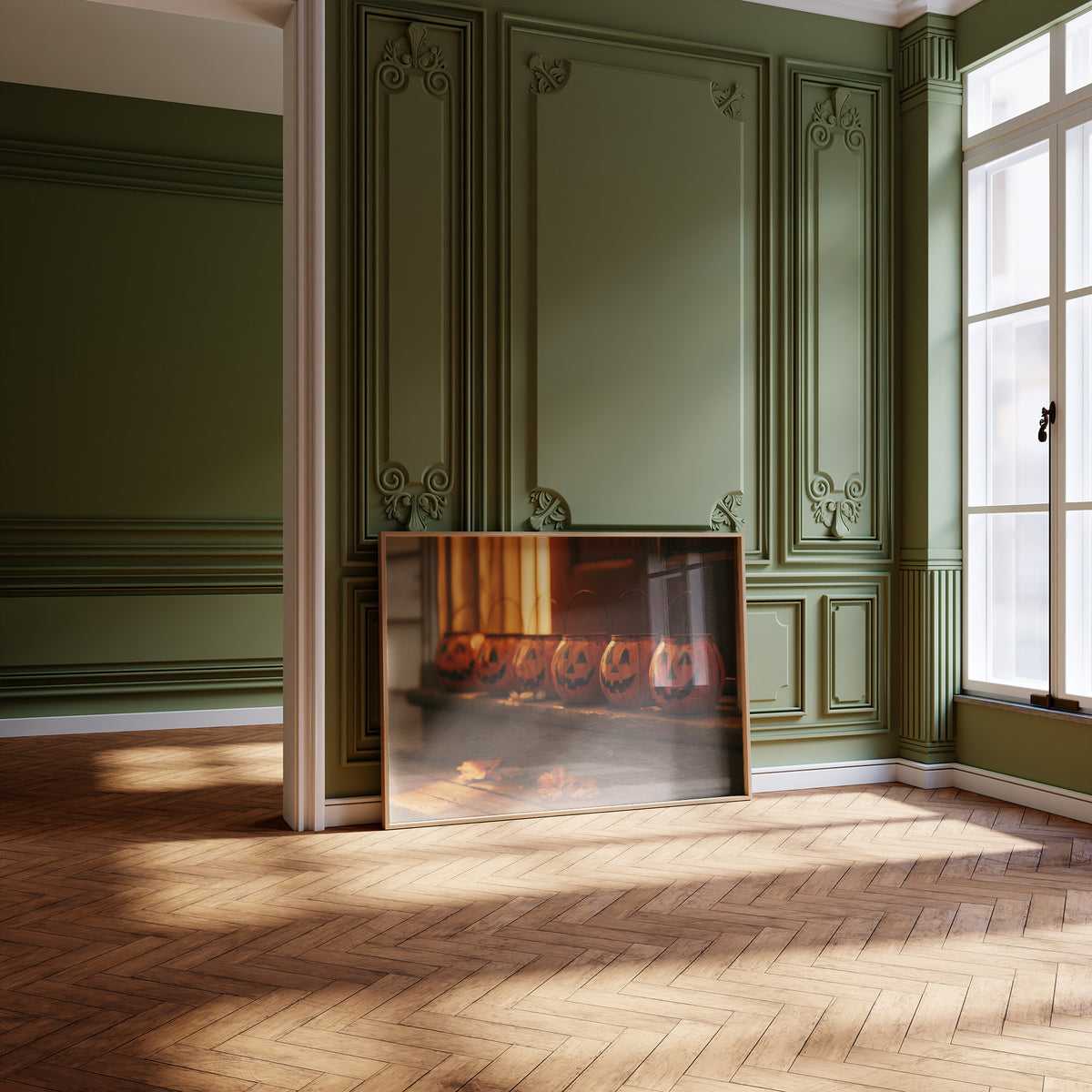 Vigil on the Windowsill, a row of glowing carved jack o lantern pumpkins on a windowsill in warm candle light, painted in burnt orange, amber and deep green shadow, leaning on a herringbone floor in a green paneled room with tall windows