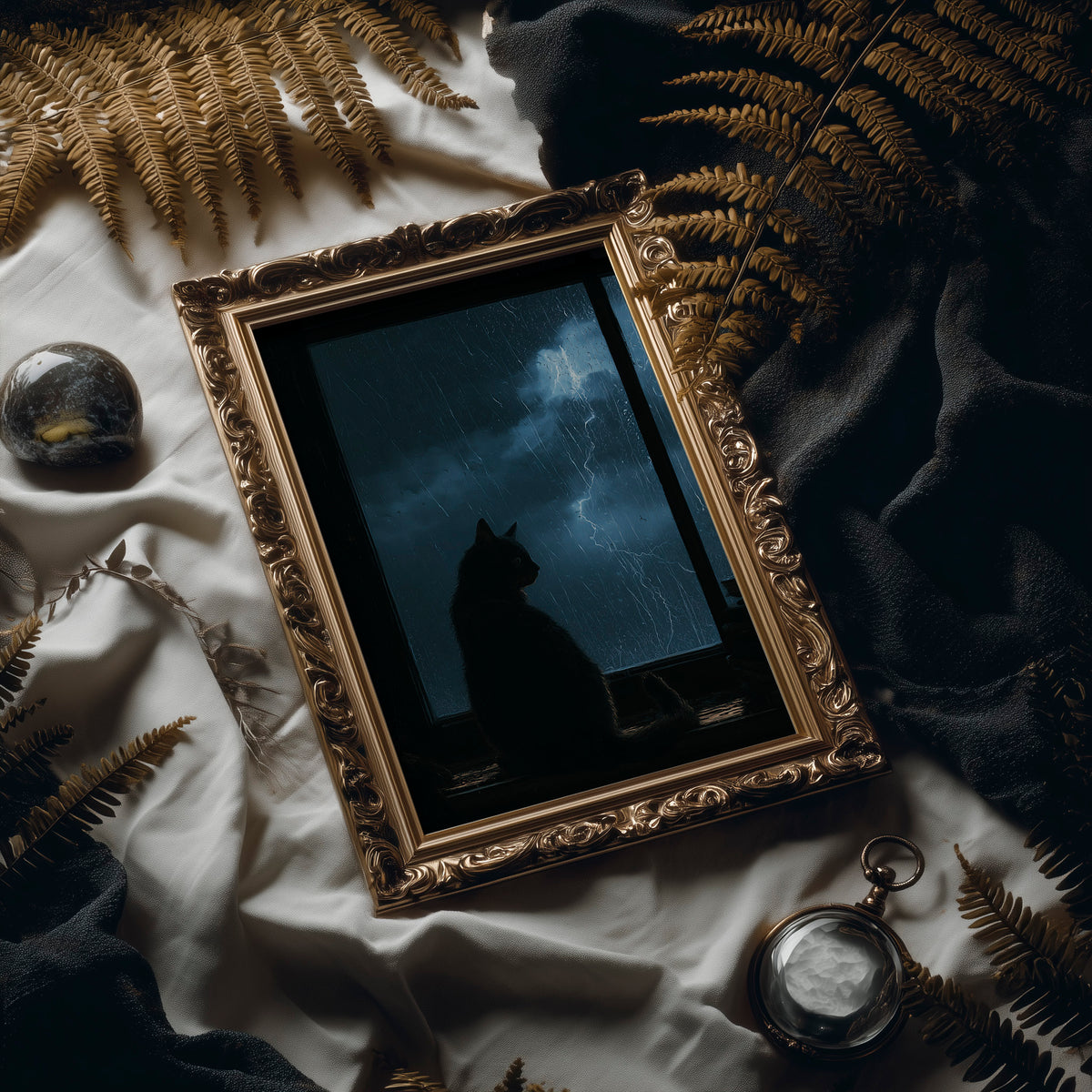 Waiting Out the Lightning, a black cat seated in silhouette before a window of blue night sky with distant lightning, painted in midnight blue, slate and cool silver, in an antique gold frame laid on white linen with ferns and a pocket watch