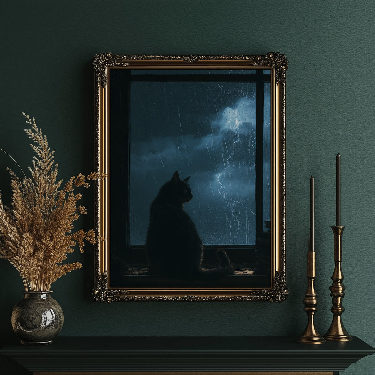 Waiting Out the Lightning, a black cat seated in silhouette before a window of blue night sky with distant lightning, painted in midnight blue, slate and cool silver, in an ornate gold frame on a deep green wall beside brass candlesticks