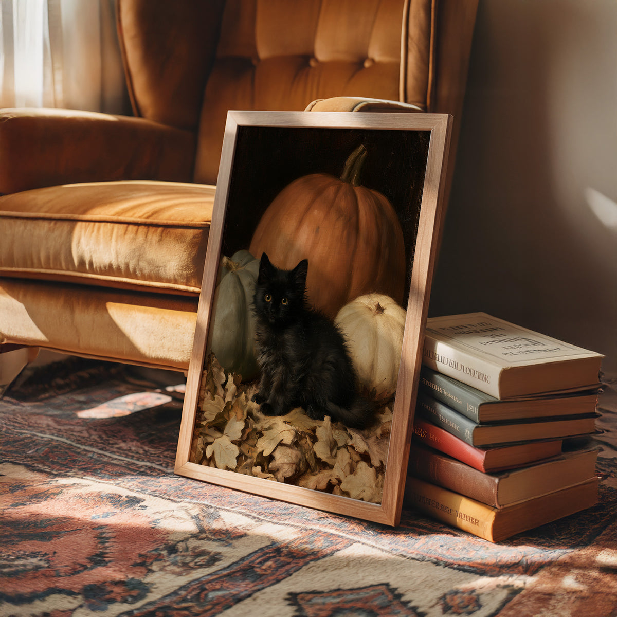 Watchful Eyes in the Autumn Hush, a black cat curled among fallen leaves in front of a large orange pumpkin, with a pale pumpkin beside it, painted in a dark oil portrait style with warm umber and gold, in a wood frame on a leather armchair beside a stack of books