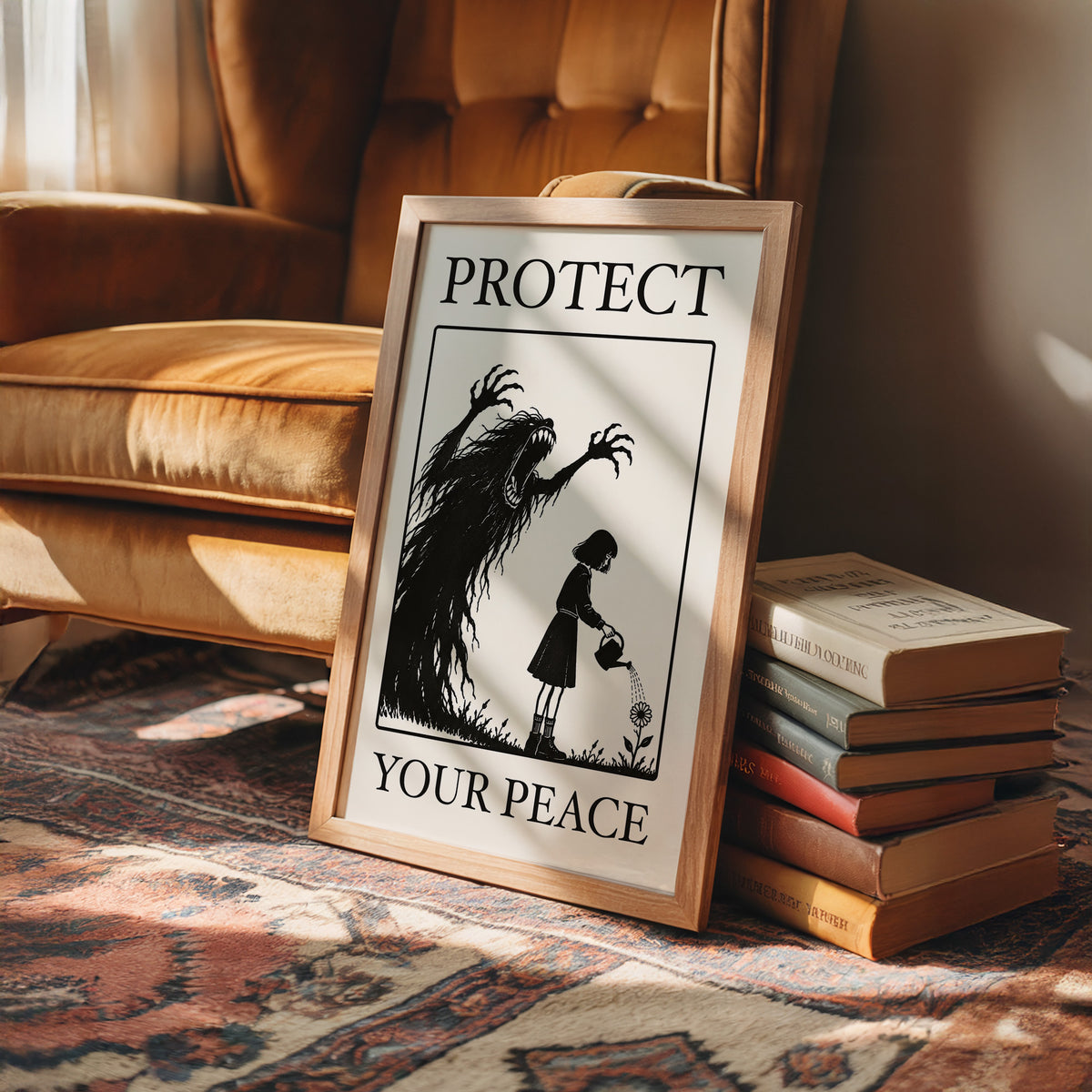 Watering Flowers Beneath a Shadow, a black woodcut style scene of a small girl with a watering can beside a tall shadowy creature with long claws, with the words PROTECT and YOUR PEACE in black serif capitals on cream, in a wood frame on a rug beside a leather armchair and a stack of books