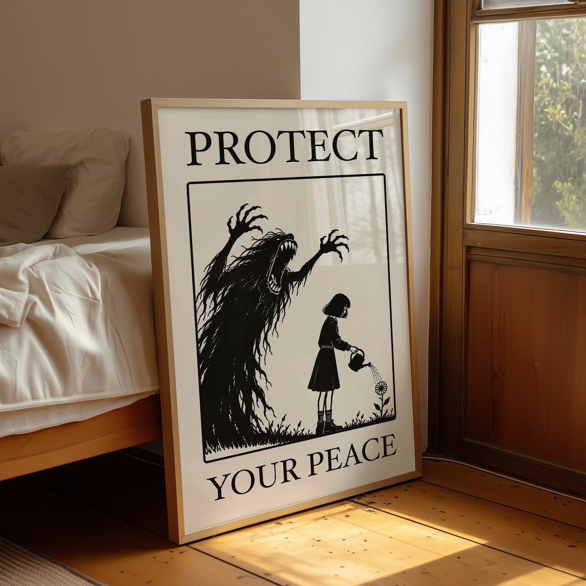 Watering Flowers Beneath a Shadow, a black woodcut style scene of a small girl with a watering can beside a tall shadowy creature with long claws, with the words PROTECT and YOUR PEACE in black serif capitals on cream, leaning on a wood floor in a bedroom beside white linen bedding