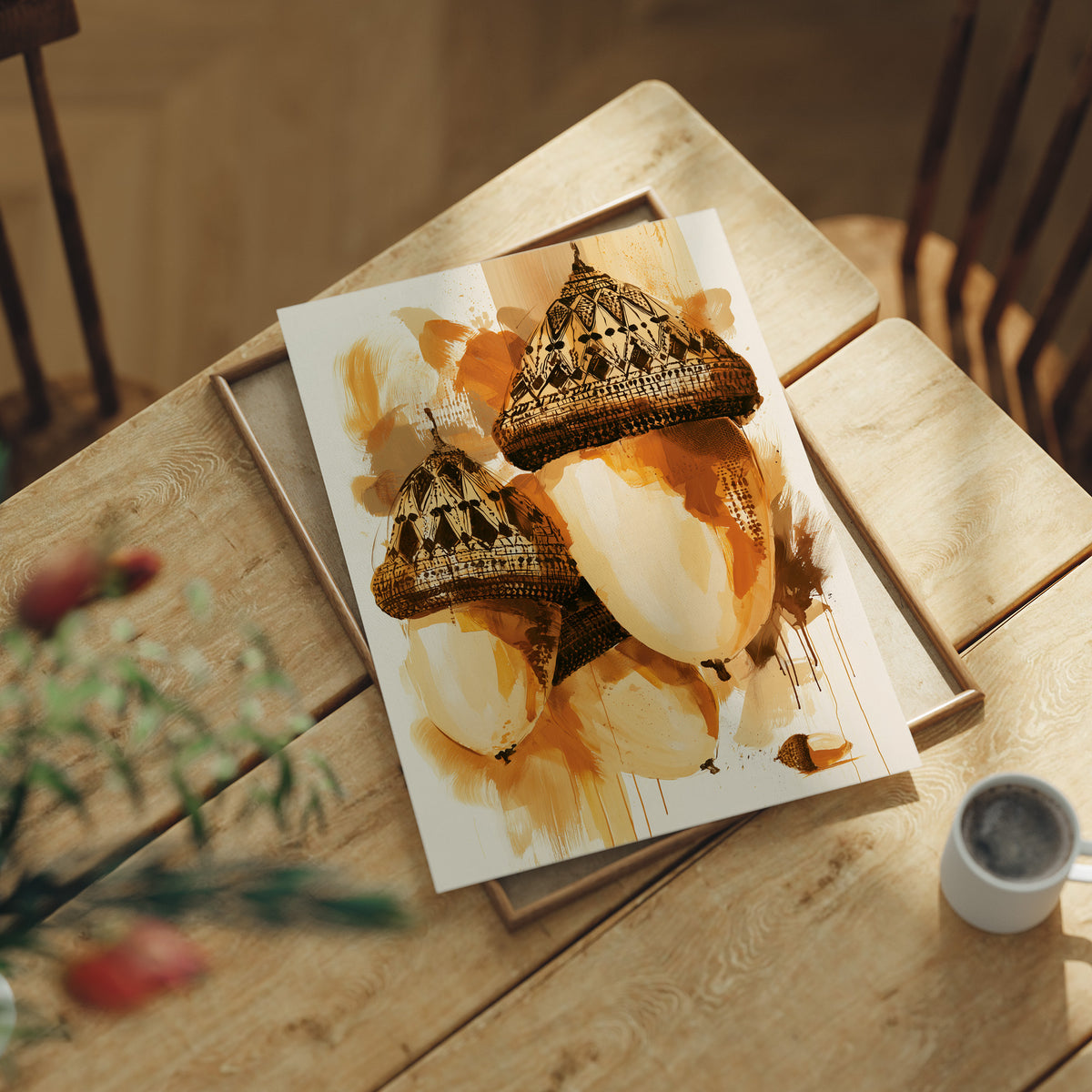 Where the Acorns Hold Their Amber, painterly oak nuts with carved caps and drips of ochre and cream on a pale ground, lying flat on a light wood table beside a coffee cup and red berries